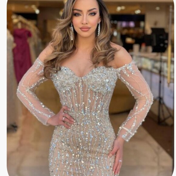 Heavy Champagne Mermaid Tulle Prom Dress Long Sleeve Sweetheart Strapless Dress - Picture 2 of 4